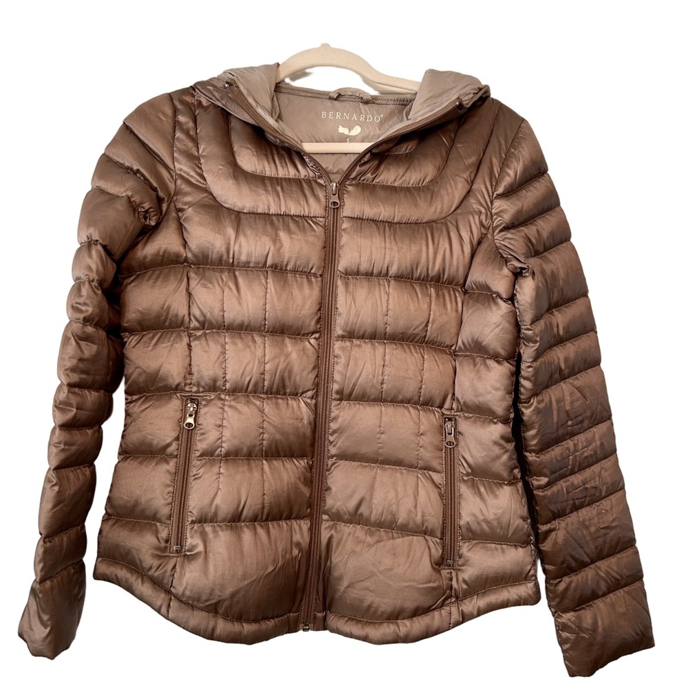 Bernardo Brown Full Zip Hooded Packable Goose Down Puffer Jacket Womens Size S